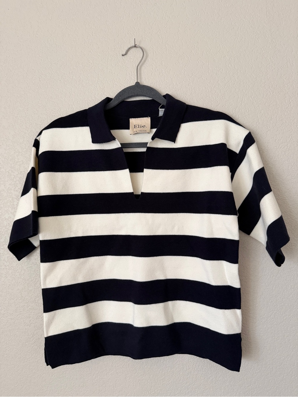 Elie Tahari Navy & Cream Striped Polo Knit Sweater